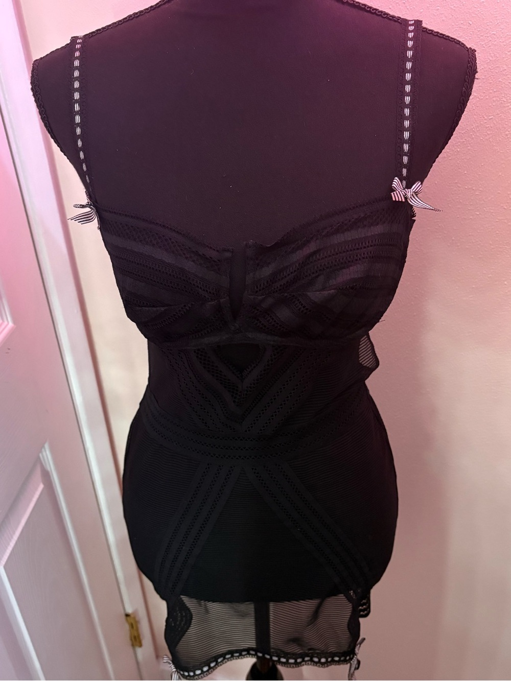 Victoria's Secret Black Lace & Mesh Chemise with Bow-Strap Accents